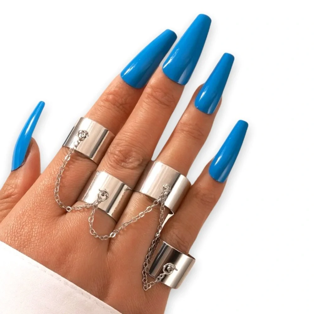 New Silver Stainless Steel Boheme Minimalist 4pcs Cuff Ring With Chain